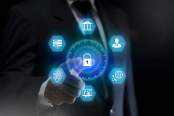 Businessman touching icon lock data and privacy with protection digital virtual, innovation of system protect, business futuristic concept.