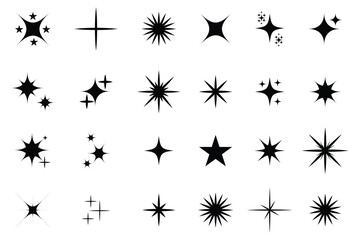 Twinkle Star icon collection Shine or sparkle icon vector set. Twinkle Star icon. Set of black silhouettes of stars. Retro futuristic sparkle icons. Glowing light effect, twinkle templates,