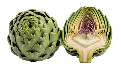 Obraz premium Whole and halved artichoke isolated on transparent background