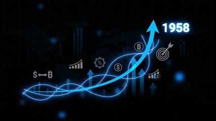 Digital financial growth chart with upward arrow and year 1958 overlay on dark background finance graph