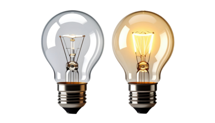 Two classic incandescent light bulbs, one unlit, one lit, on black