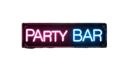 Vibrant neon party bar sign glowing with bright pink and blue lighting against dark backdrop for nightlife ambiance isolated on white background
