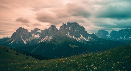 Majestic mountain range under a dramatic sky with diverse natural elements