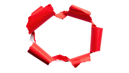 Ripped, curled, and peeling bright red paper with black void center and jagged edges, on a black background