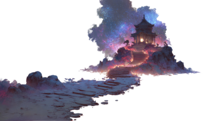 Majestic celestial temple on glowing mountain path beneath vibrant starry sky with illuminated steps and mystical atmosphere isolated on white background