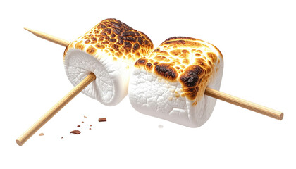 Two toasted marshmallows on sticks with some crumbs, presented against a dark, transparent backdrop