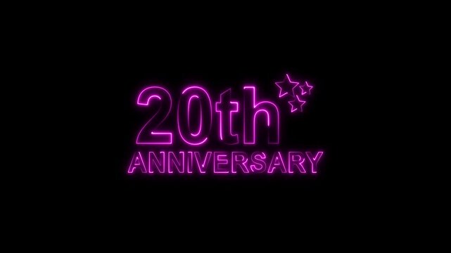 A vibrant purple neon sign illuminates a dark background, proudly displaying 20th anniversary with stylized glowing stars, symbolizing a significant twoyear milestone celebration or event with a moder