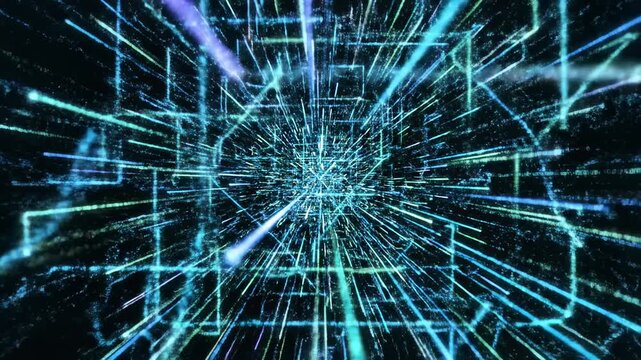 Seamless looping background of glowing digital data streams moving rapidly along erratic, complex, nonlinear pathways across a dark canvas information, internet, intelligence