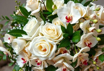 Opulent ivory roses & cascading orchids, lush greenery, crystal accents,  premium,  romantic