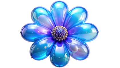 A glossy, stylized blue flower with rounded petals and a textured center, isolated against a dark background