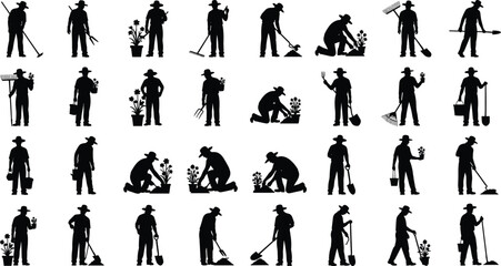 Extensive set of 32 male gardener silhouettes vector collection, shown planting, digging, and using tools, representing agriculture, horticulture, professional  © SreeRupali