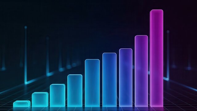 Abstract glowing bar graph with rising bars in shades of blue and purple against a dark futuristic background - Powered by Adobe