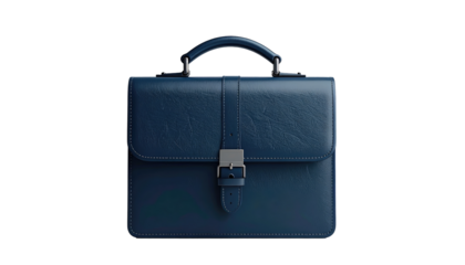 Blue leather briefcase with a metal buckle, elegantly lit against a stark black background