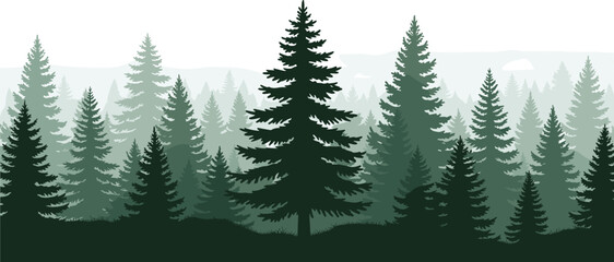 Layered coniferous forest landscape with green pine trees and atmospheric depth, perfect for nature, ecology, or outdoor vector illustration content © Umme