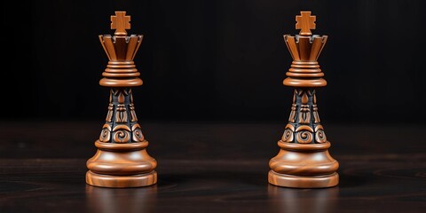 Two intricately carved wooden chess kings stand on dark wood,  king,  chess pieces