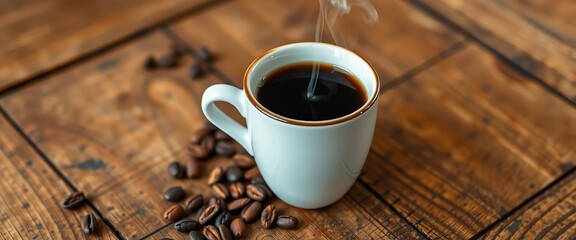 Steaming cup of dark roast coffee on rustic wood table, morning, dark