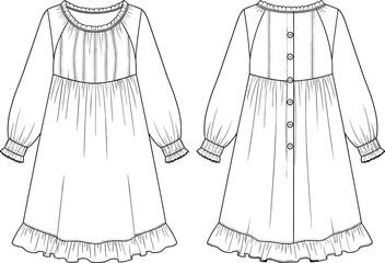 Feminine long sleeve nightgown or baby doll dress CAD drawing flat vector illustration with smocked cuffs, ruffled hem, and button-down back for fashion design and apparel mockups