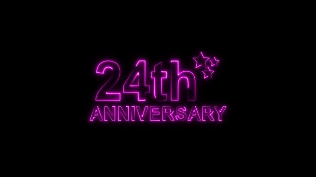 A vibrant purple neon sign illuminates a dark background, proudly displaying 24th anniversary with stylized glowing stars, symbolizing a significant twoyear milestone celebration or event with a moder