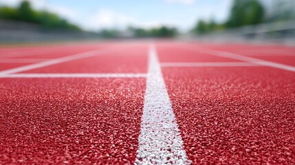 Detailed perspective of a textured red athletic running track s surface and white lane markings set in an outdoor stadium environment evoking themes of speed and competition