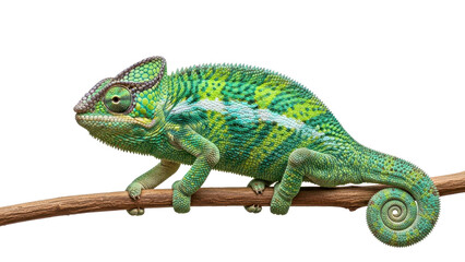 Obraz premium Green Striped Chameleon Perched on a Brown Branch isolated PNG with Transparent Background