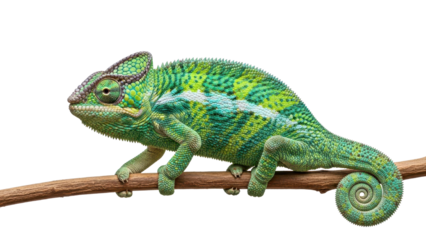 Green Striped Chameleon Perched on a Brown Branch isolated PNG with Transparent Background