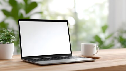 Fototapeta premium A modern laptop with an empty screen rests on a textured wooden desk next to a white ceramic mug and a small green plant all set against a beautiful bokeh of blurred natural foliage