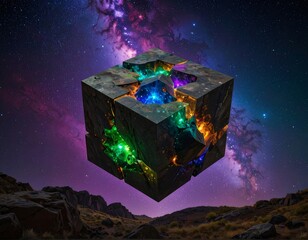 A glowing, fractured cube floats in space against a galaxy backdrop and rocky landscape