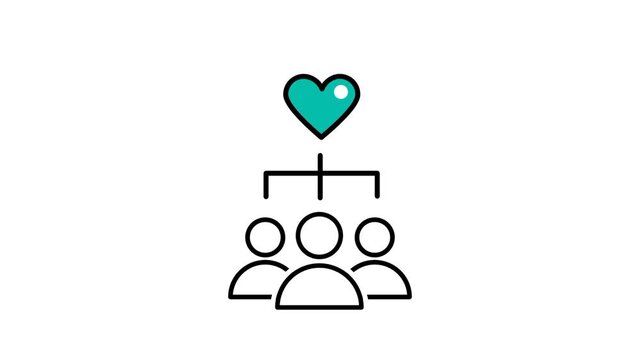 A community symbol with a floating heart expresses unity, support, and positive connection, creating a warm and uplifting theme through a minimalist style