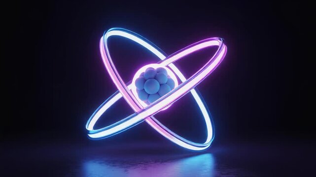 Stunning 3D illustration of an atom with colorful neon rings and glowing particles, ideal for science and technology themes.