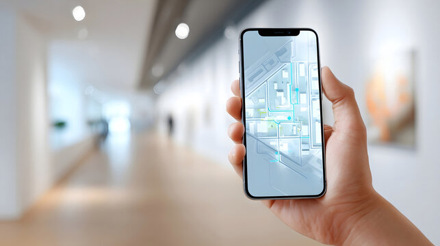 Close up of a hand holding a modern smartphone with a map or navigation app on screen set against the softly focused background of an art exhibition hall