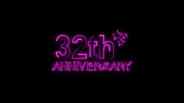 A vibrant purple neon sign illuminates a dark background, proudly displaying 32th anniversary with stylized glowing stars, symbolizing a significant twoyear milestone celebration or event with a moder
