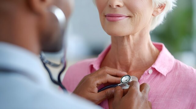 Close up of a healthcare professional performing a stethoscope examination on a smiling senior woman s chest emphasizing care and health check - Powered by Adobe