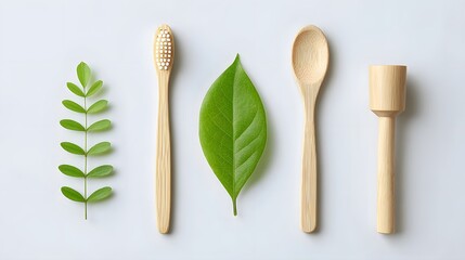A clean flat lay composition featuring eco friendly bamboo toothbrush and wooden spoon alongside fresh green leaves representing sustainability and natural living