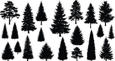 Fototapeta premium Silhouetted coniferous tree collection in varied shapes and sizes, ideal for botanical or landscape-themed vector illustration