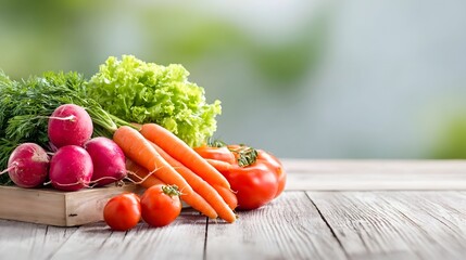 Freshly harvested raw organic vegetables like radishes carrots lettuce and tomatoes are beautifully arranged on a weathered wooden table suggesting healthy eating and garden bounty