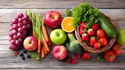 A bountiful display of fresh healthy produce such as red and green s ripe strawberries juicy grapes crisp carrots tomatoes broccoli cucumber orange slice and blueberries
