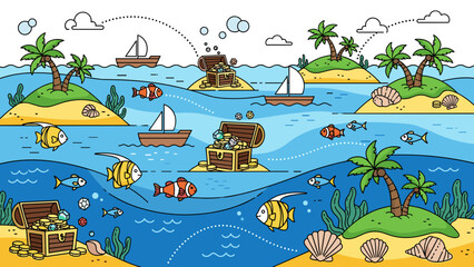 Naklejka premium Cartoon pirate treasure map scene with islands, palm trees, sailboats, fish, and open treasure chests in the ocean