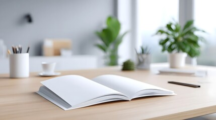 An open empty white book lies on a clean wooden desk with office supplies and plants in the soft focus background suggesting a calm and productive workspace