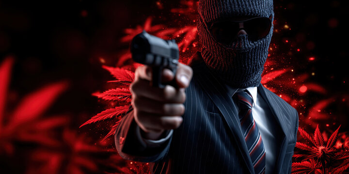 Masked criminal gangster in balaclava pointing gun, cannabis leaves background