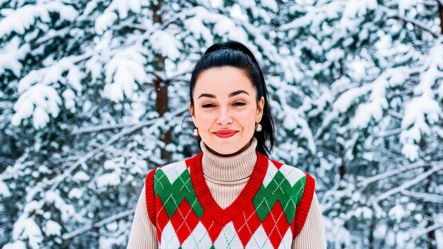 Woman with black hair smiles and looks directly, then smiles sideways and then looks directly against a snowy forest background, Christmas holiday season.