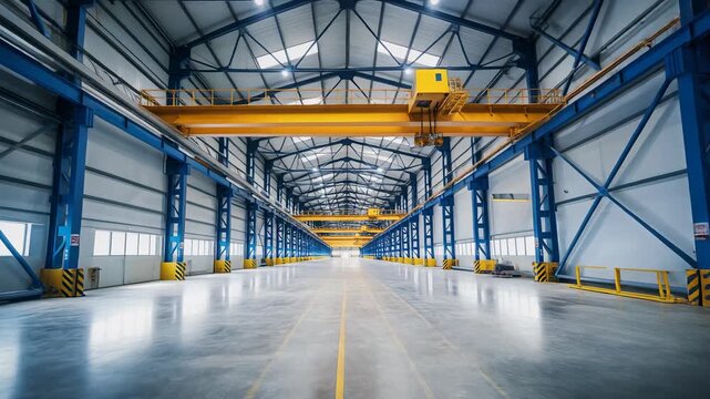 Spacious industrial warehouse interior with overhead cranes and modern architecture for business and logistics applications