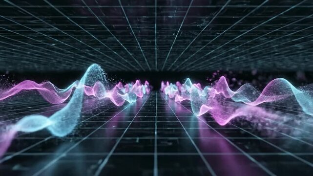 Seamlessly looping abstract background featuring glowing magenta and cyan light waves rapidly pulsing across a dark technical grid vibrant, design, presentation