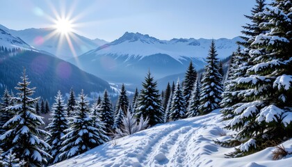 Naklejka premium Snowy Mountain Landscape with Sunlight Over Pine Trees and Path in Winter Wilderness