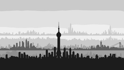 Naklejka premium Black and white silhouette skyline of a modern city with a prominent tower over water