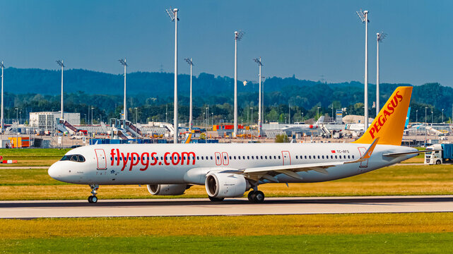 TC-RFS Pegasus Airbus A321neo passenger jet airplane on a sunny summer day at Munich airport, MUC, Freising, Bavaria, Germany