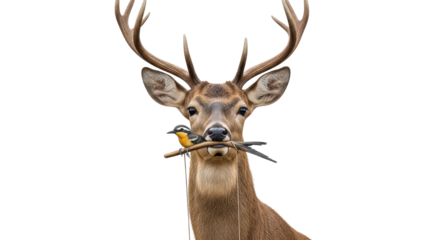 Majestic wild deer with antlers holding a small colorful bird on a branch isolated PNG with Transparent Background