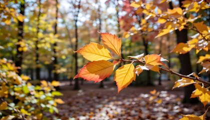 Close-Up of Colorful Autumn Leaves on a Branch in a Sunlit Forest During Fall Season