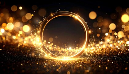 A glowing golden ring shimmers amidst sparkling bokeh lights on a dark, glittery background