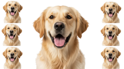 Happy Golden Retriever dog portrait surrounded by six smaller duplicate images isolated PNG with Transparent Background
