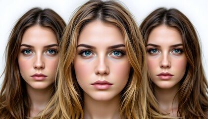 Portrait of Three Identical Women with Blue Eyes and Flowing Hair Against a White Background